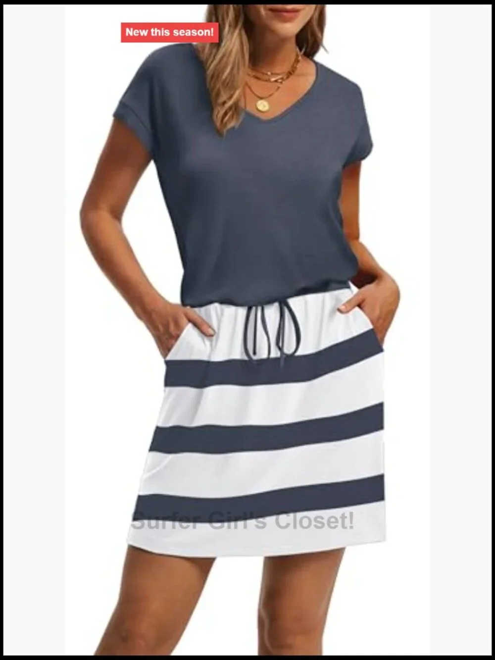 V Neck Tie Waist Casual Mini Sundress with Pockets